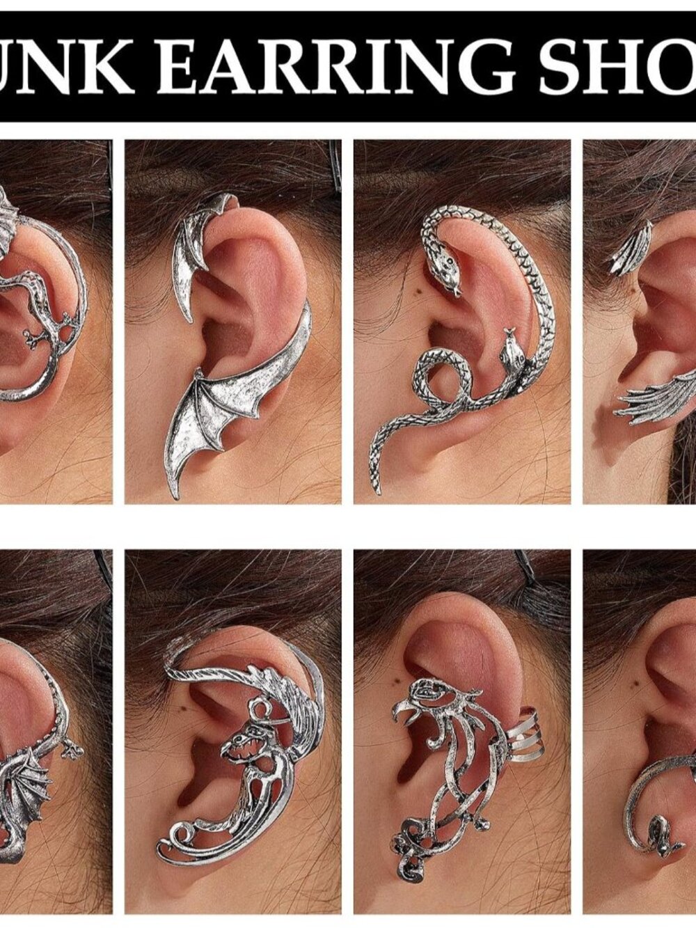8 Pcs Punk Earrings Dragon Ear Cuff Vintage Retro Snake Bat Crow Ear Climber Ear - Picture 3 of 7